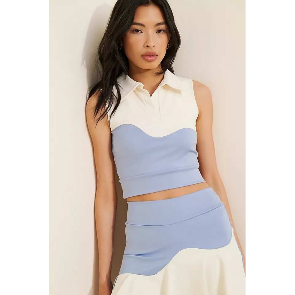 Port De Bras Gio Wave Women Polo Crop Top Bra Colorblock White Blue Large